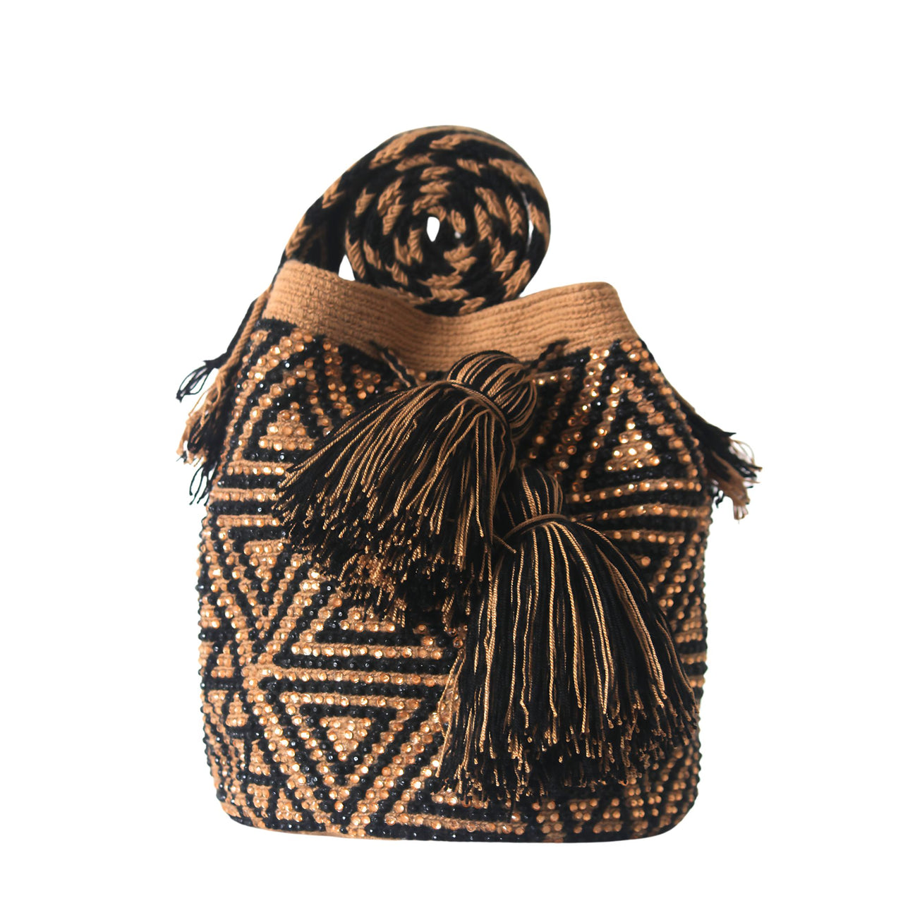Wayuu Mochila bag brown and black decorated with rhinestones and crystals