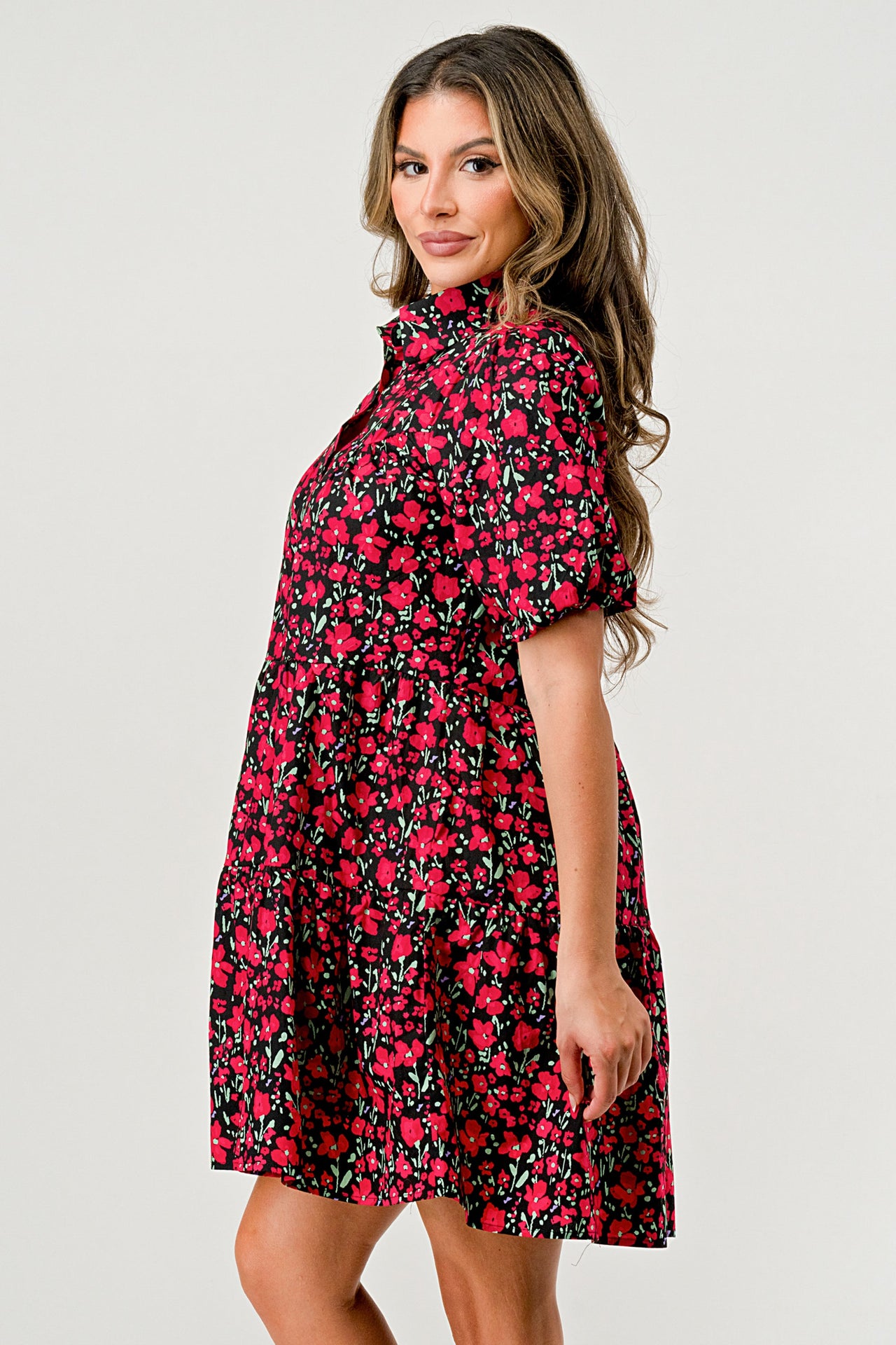 Floral Print Tiered Dress with Puff Sleeves