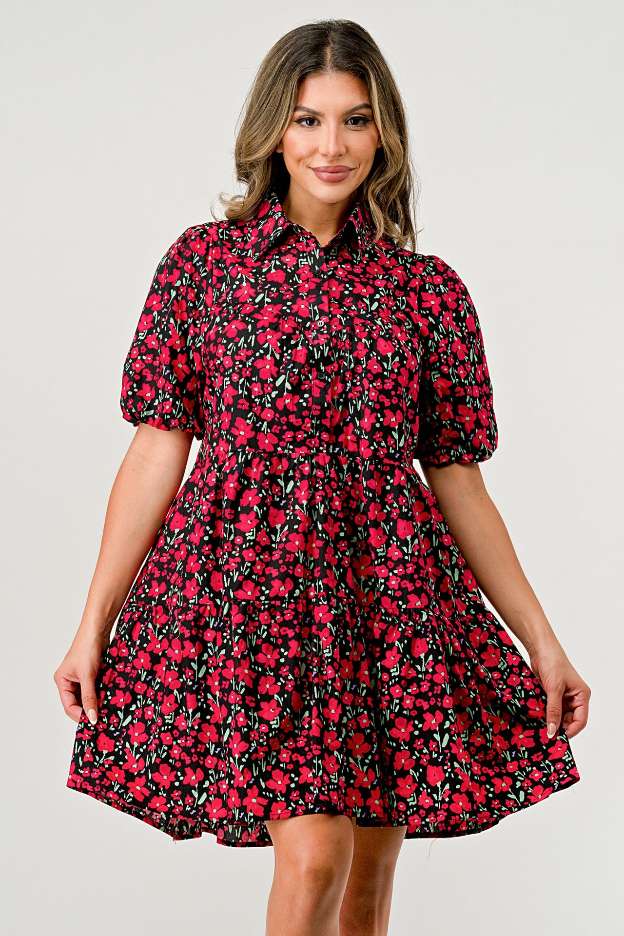 Floral Print Tiered Dress with Puff Sleeves
