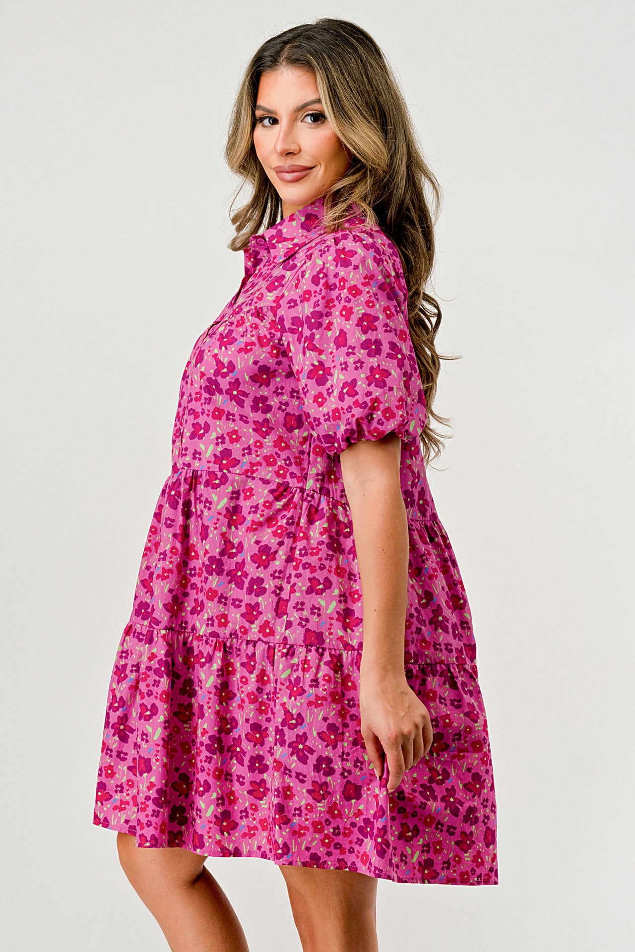 Floral Print Tiered Dress with Puff Sleeves