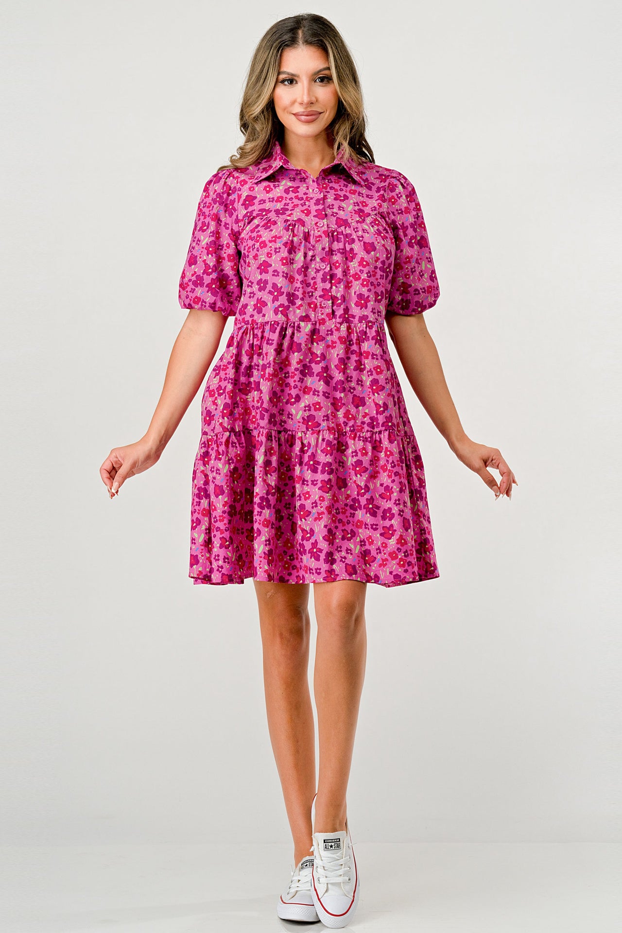 Floral Print Tiered Dress with Puff Sleeves