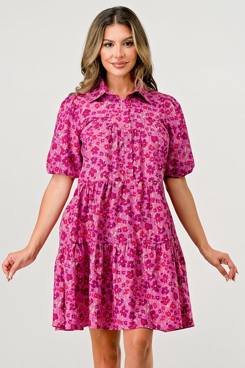 Floral Print Tiered Dress with Puff Sleeves
