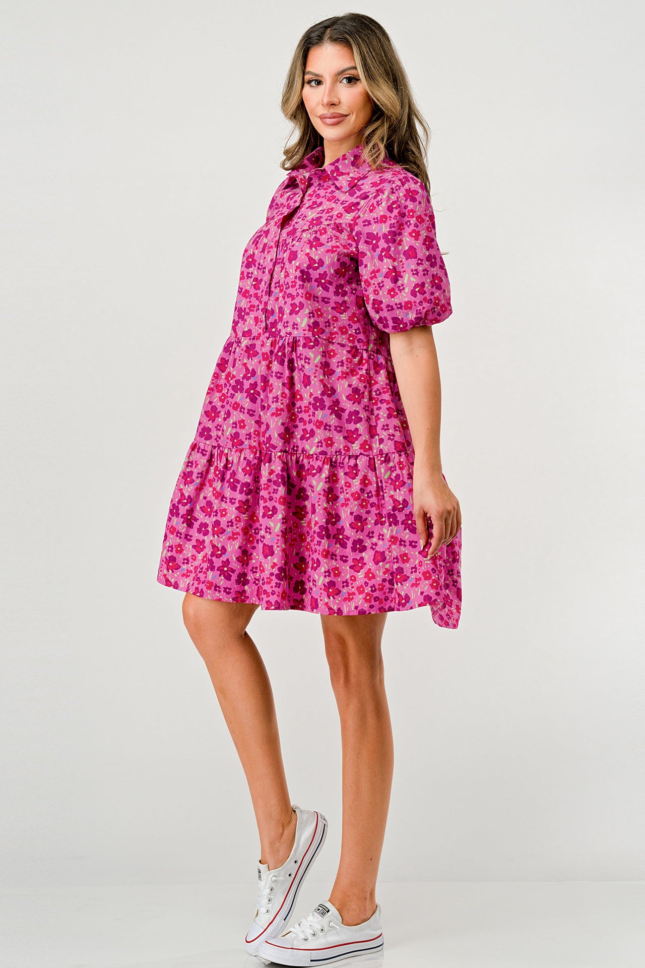 Floral Print Tiered Dress with Puff Sleeves