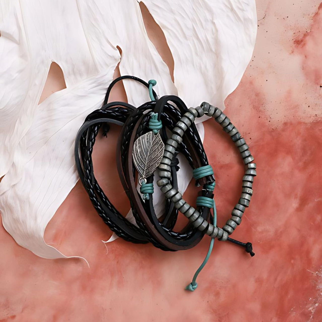 Multi-wrap Leather Braid Bead Bracelet