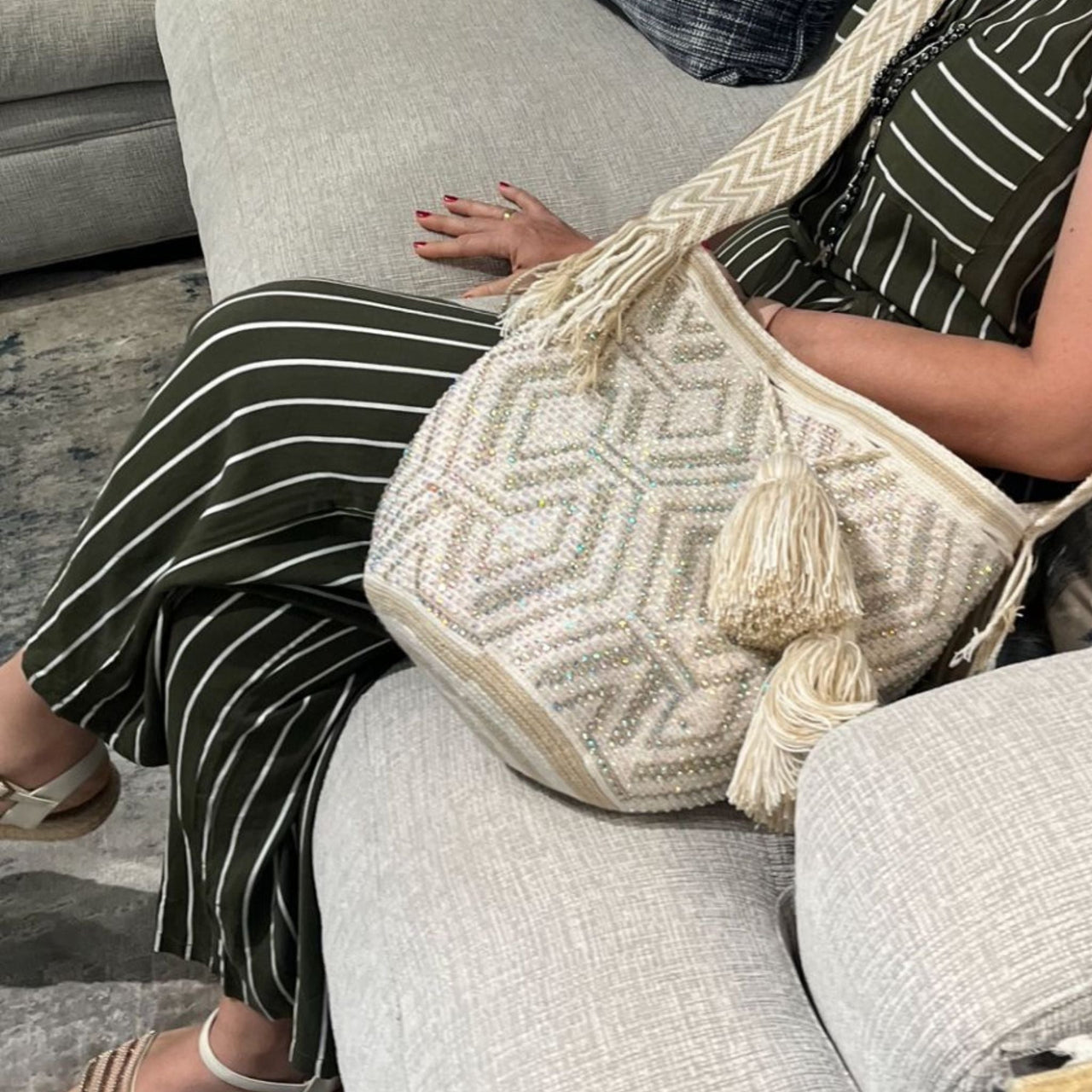 Wayuu Mochila bag white and Beige decorated with rhinestones and crystals