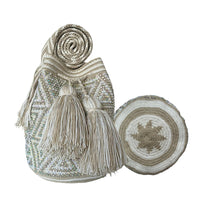 Thumbnail for Wayuu Mochila bag white and Beige decorated with rhinestones and crystals