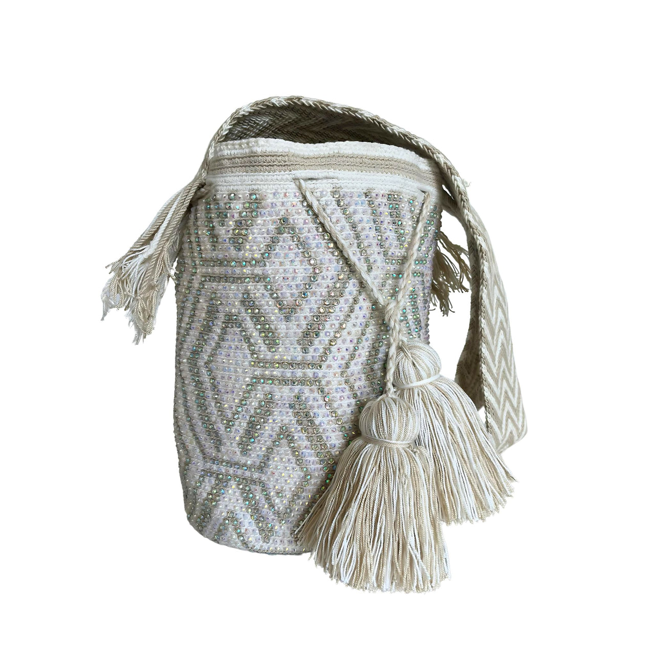 Wayuu Mochila bag white and Beige decorated with rhinestones and crystals