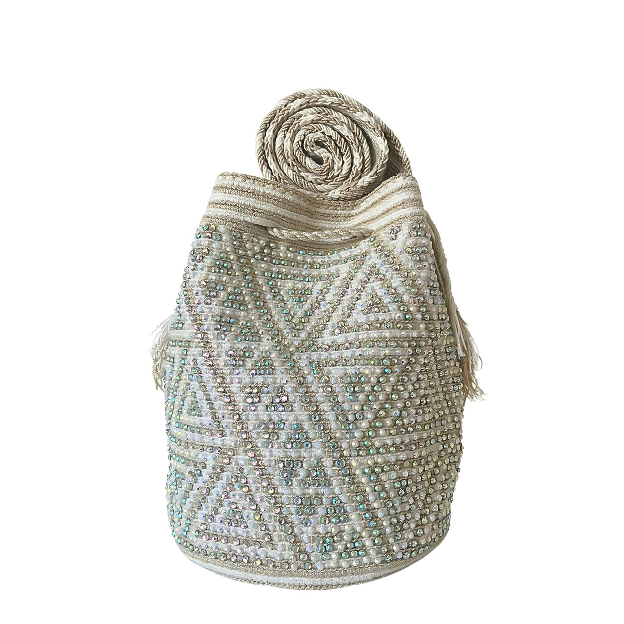 Wayuu Mochila bag white and Beige decorated with rhinestones and crystals