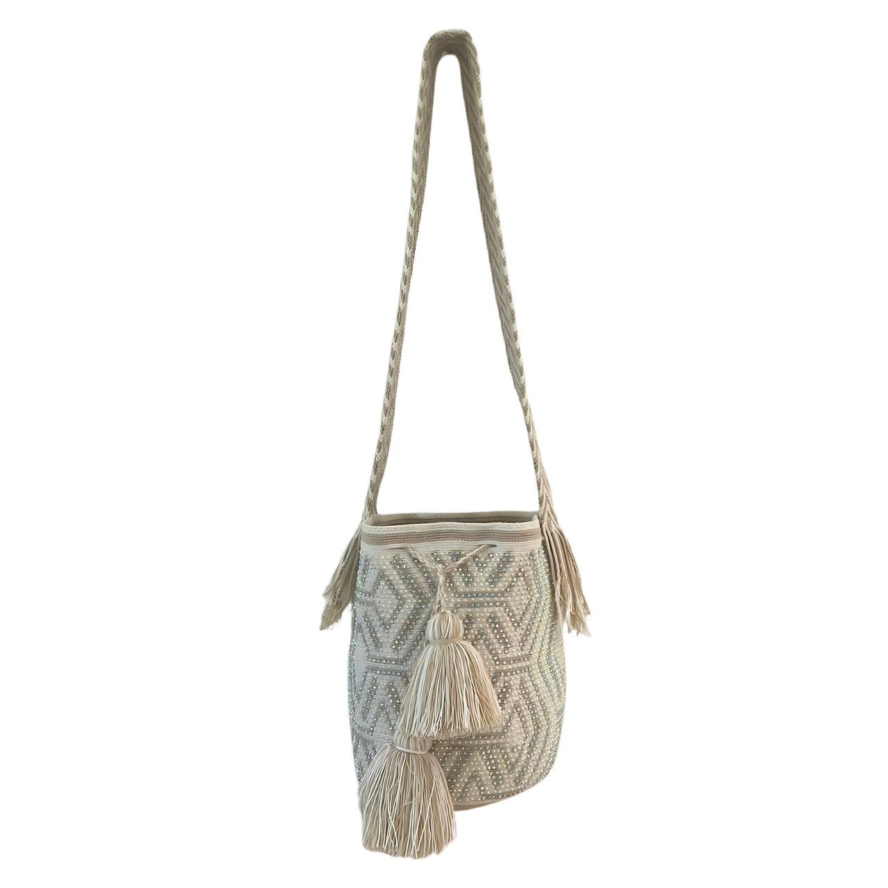 Wayuu Mochila bag white and Beige decorated with rhinestones and crystals