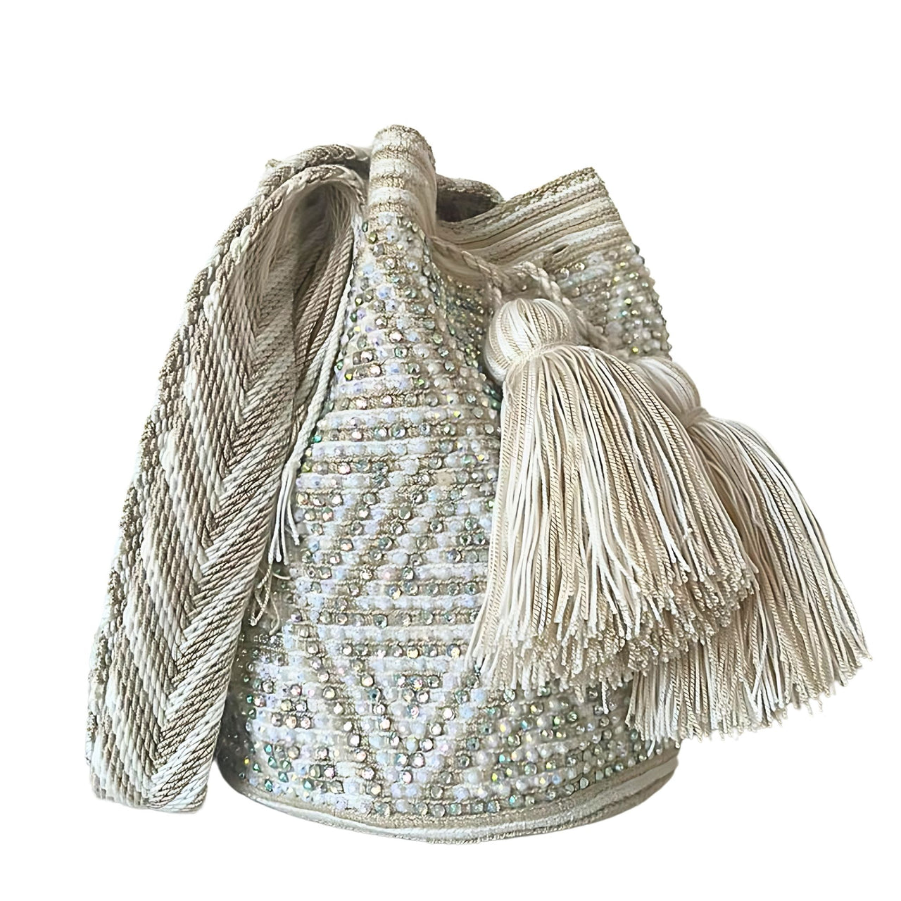 Wayuu Mochila bag white and Beige decorated with rhinestones and crystals