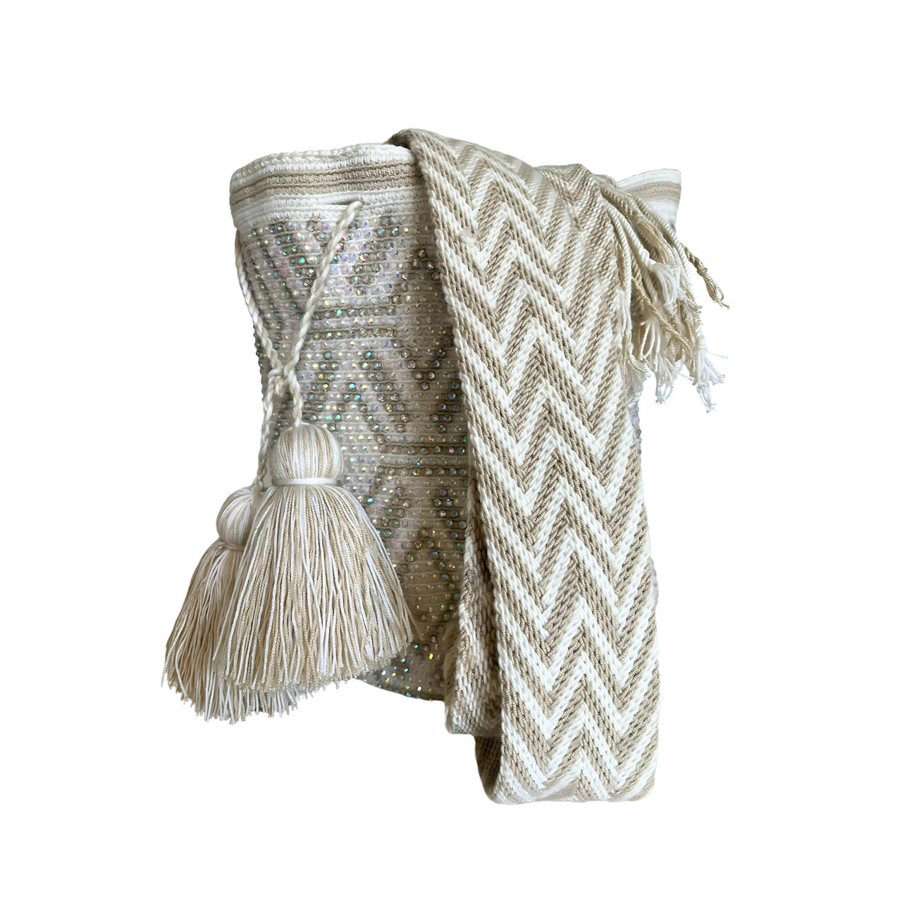 Wayuu Mochila bag white and Beige decorated with rhinestones and crystals