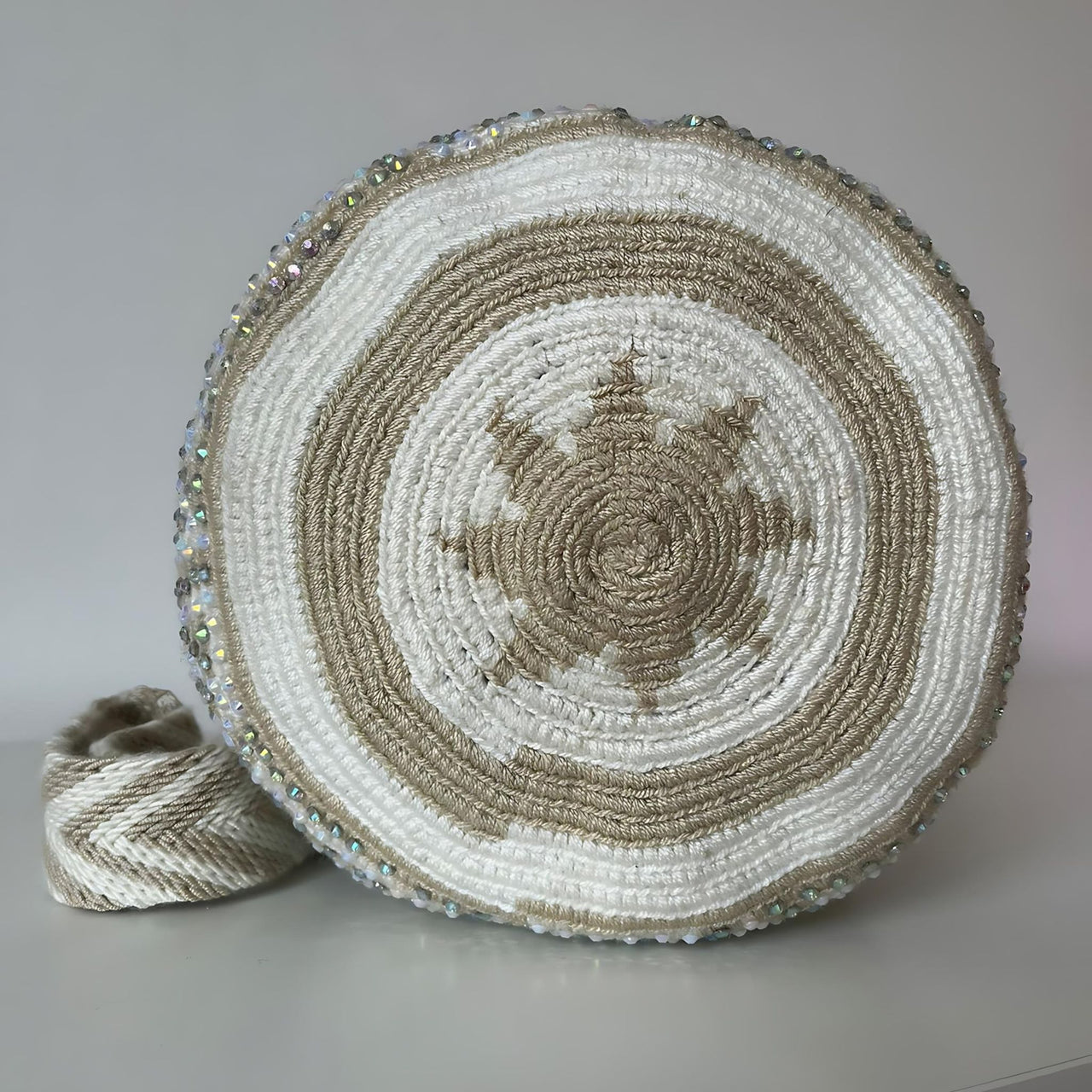 Wayuu Mochila bag white and Beige decorated with rhinestones and crystals