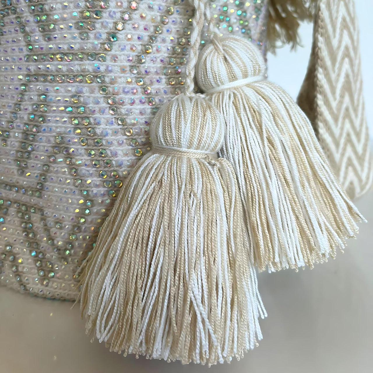 Wayuu Mochila bag white and Beige decorated with rhinestones and crystals