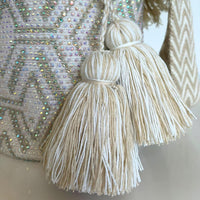 Thumbnail for Wayuu Mochila bag white and Beige decorated with rhinestones and crystals