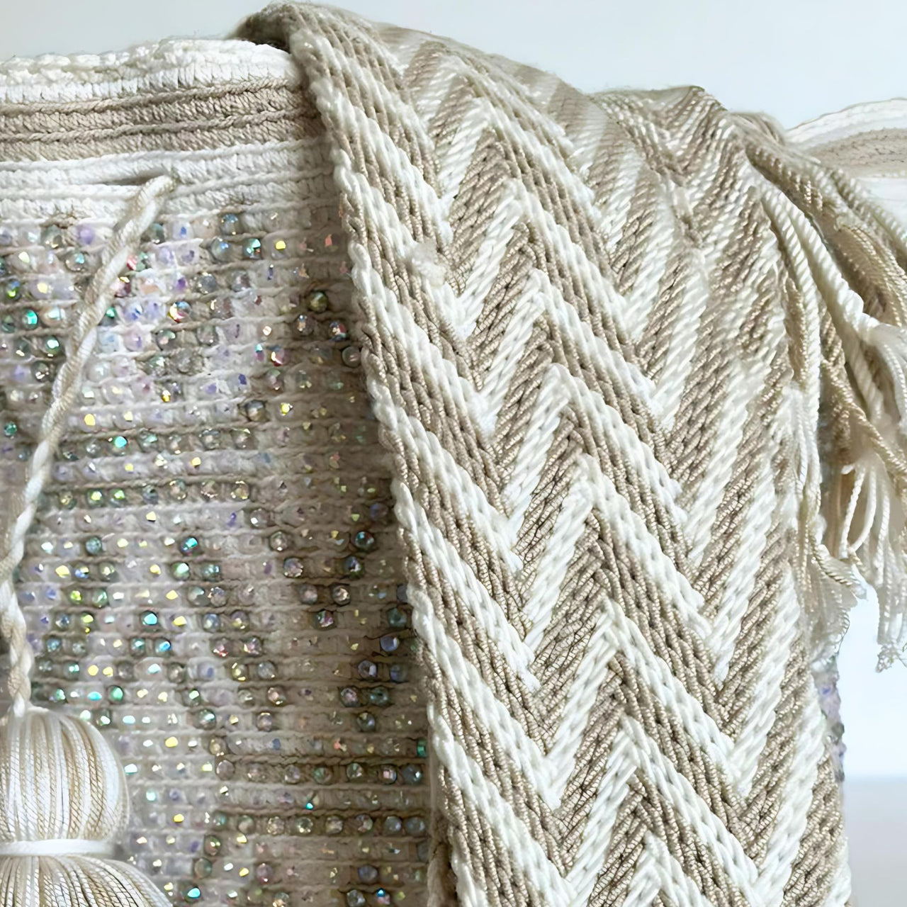 Wayuu Mochila bag white and Beige decorated with rhinestones and crystals