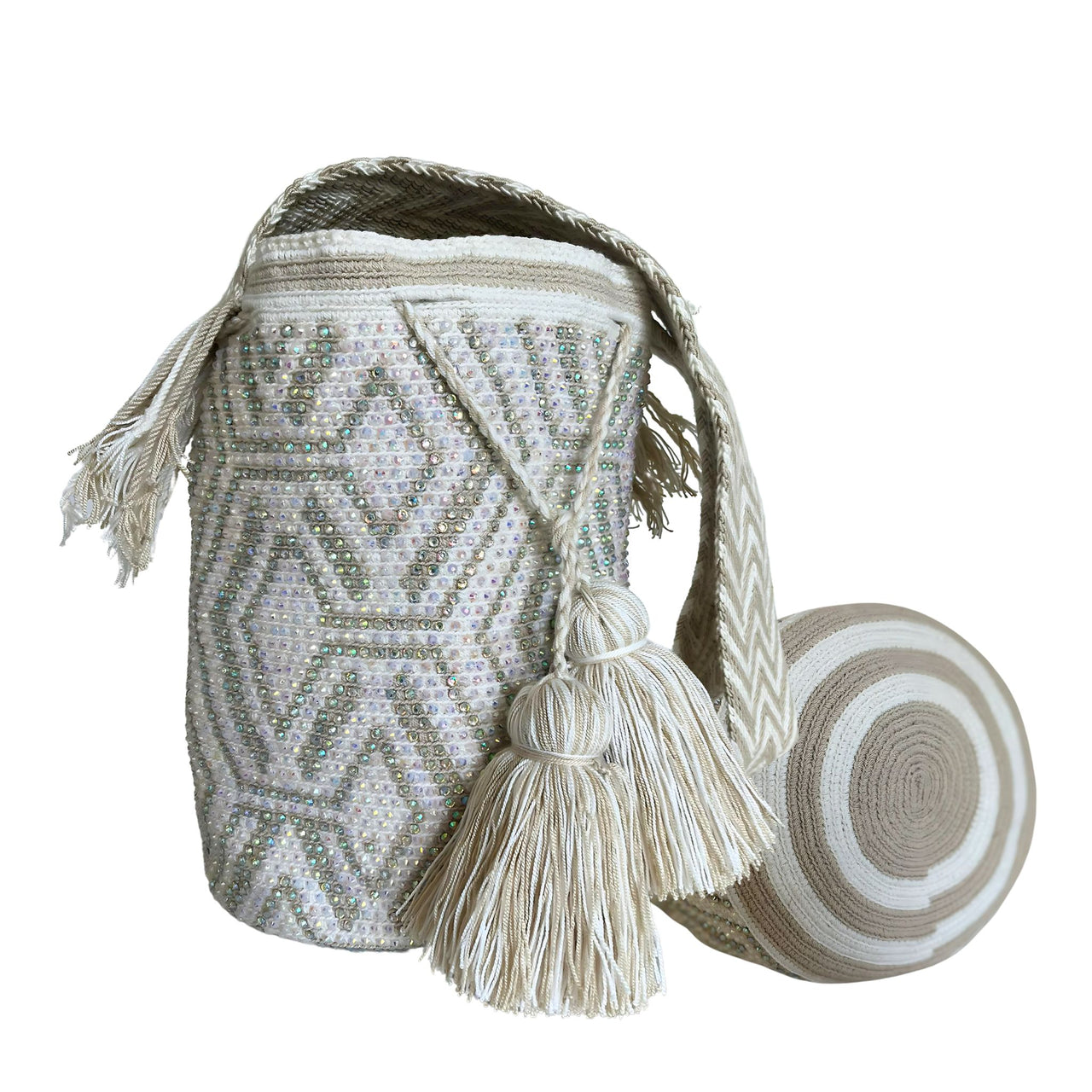 Wayuu Mochila bag white and Beige decorated with rhinestones and crystals