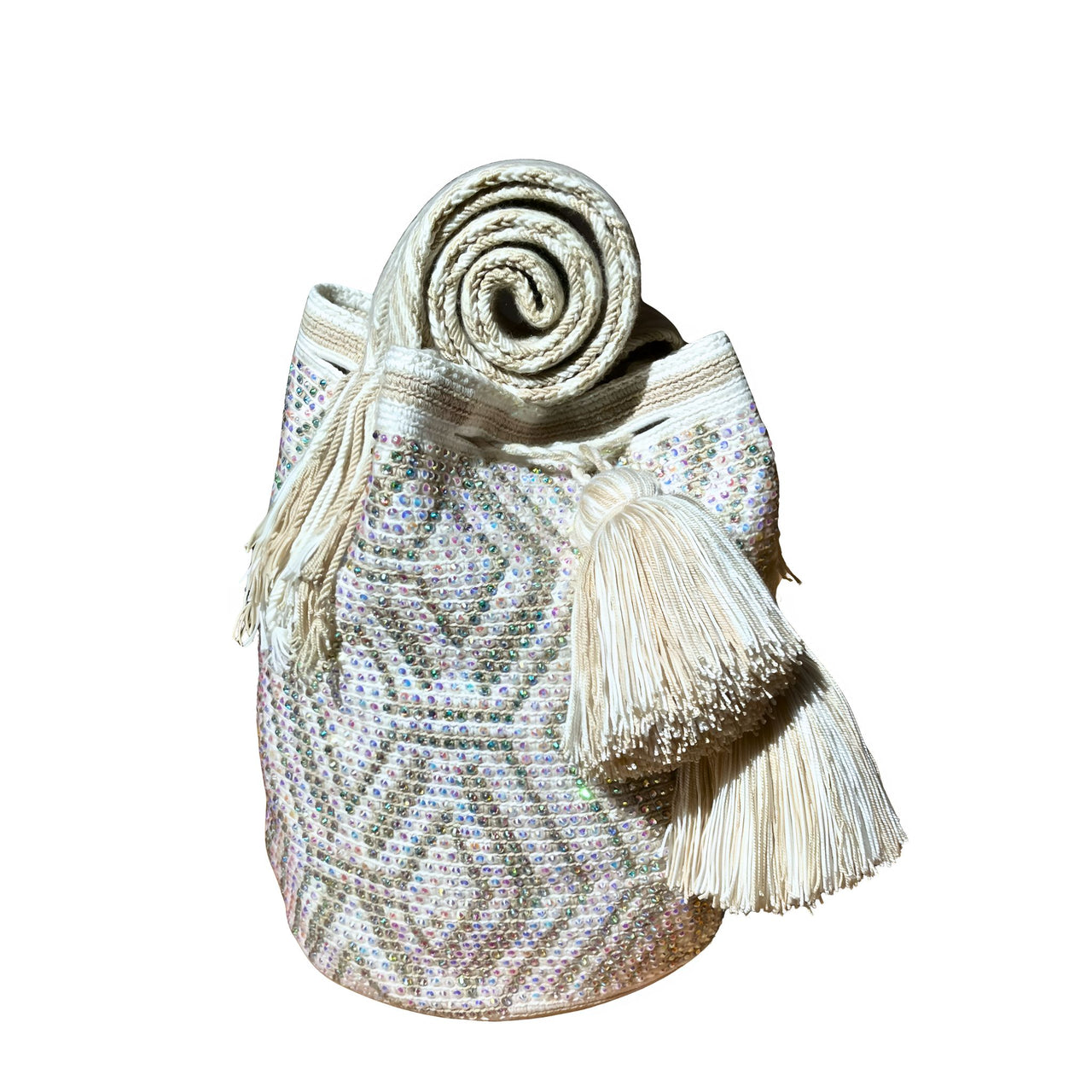 Wayuu Mochila bag white and Beige decorated with rhinestones and crystals