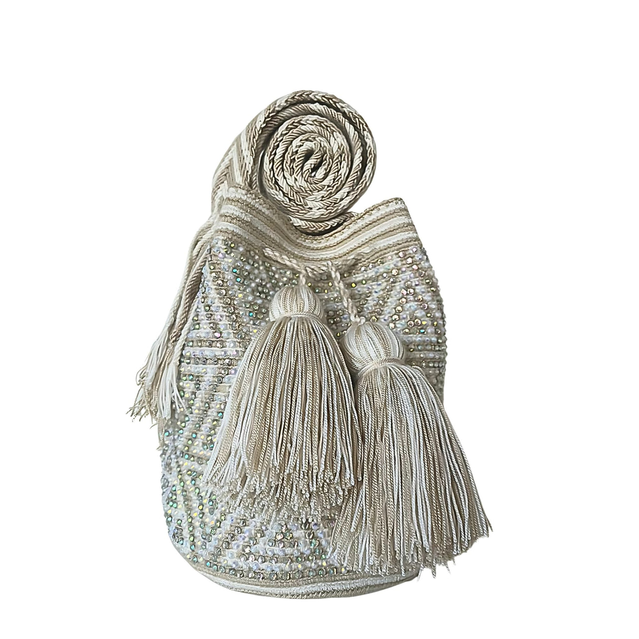 Wayuu Mochila bag white and beige decorated with rhinestones and crystals