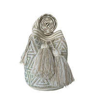 Thumbnail for Wayuu Mochila bag white and beige decorated with rhinestones and crystals