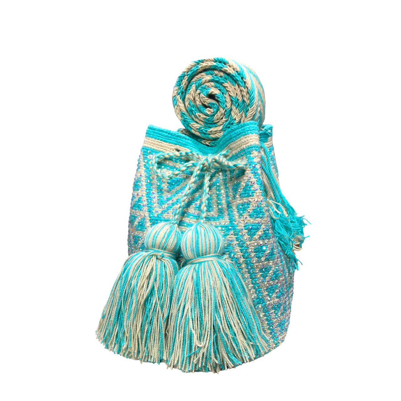 Wayuu Mochila bag light blue decorated with rhinestones and crystals