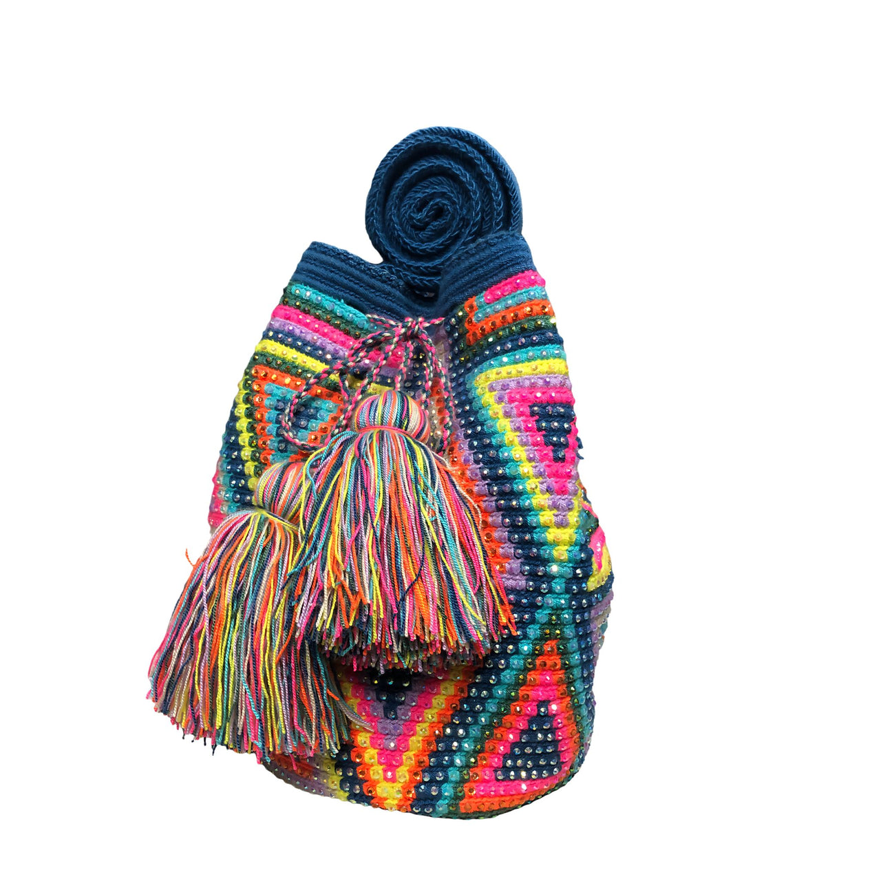 Wayuu Mochila bag blue pink yellow decorated with rhinestones and crystals