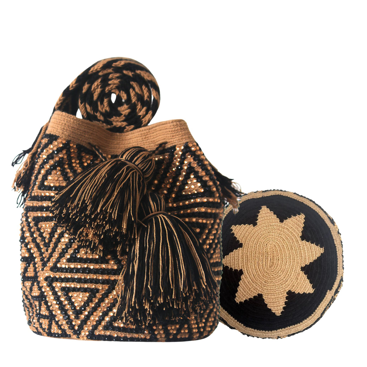 Wayuu Mochila bag brown and black decorated with rhinestones and crystals