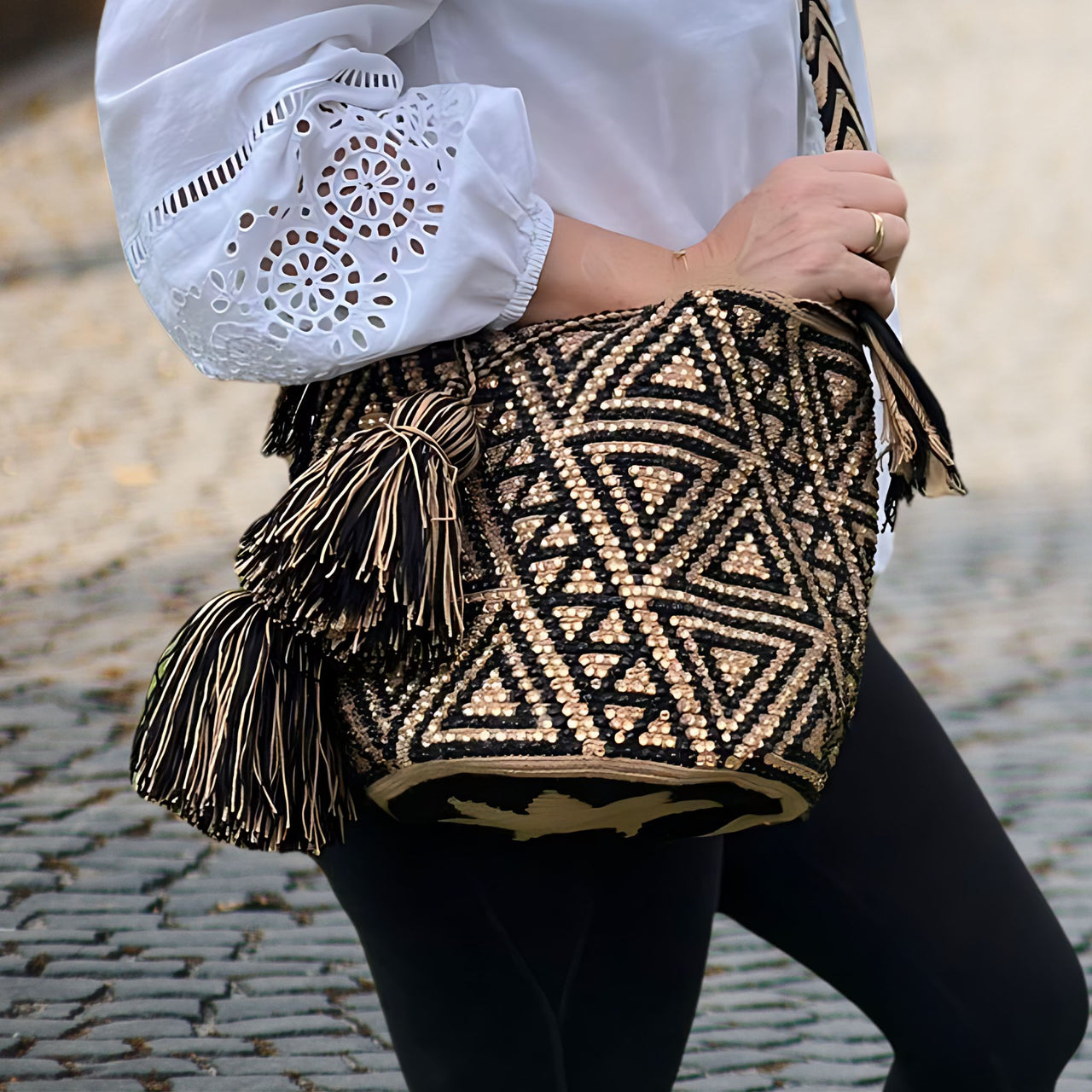 Wayuu Mochila bag brown and black decorated with rhinestones and crystals