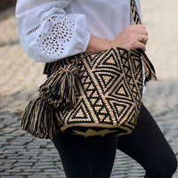 Thumbnail for Wayuu Mochila bag brown and black decorated with rhinestones and crystals