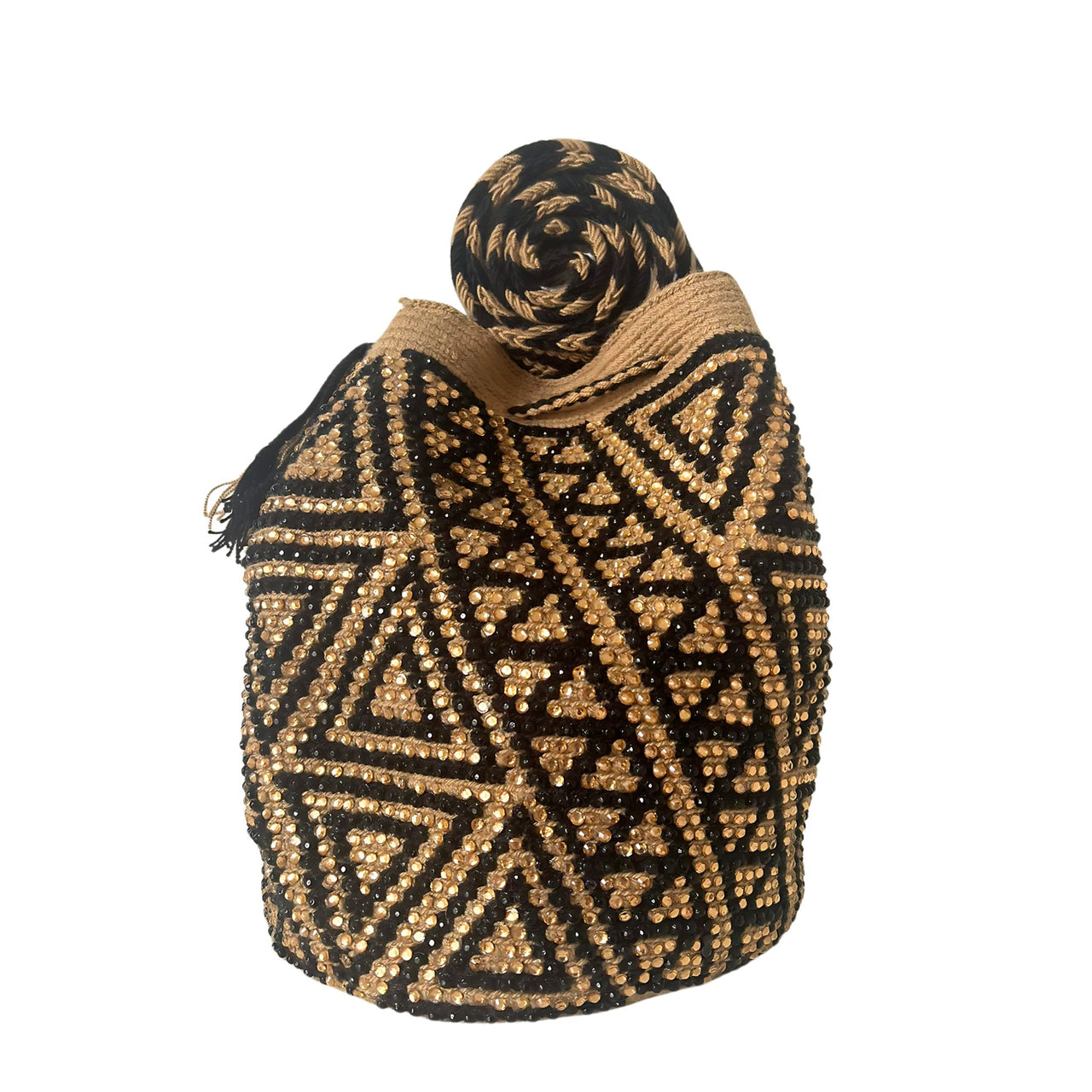 Wayuu Mochila bag brown and black decorated with rhinestones and crystals