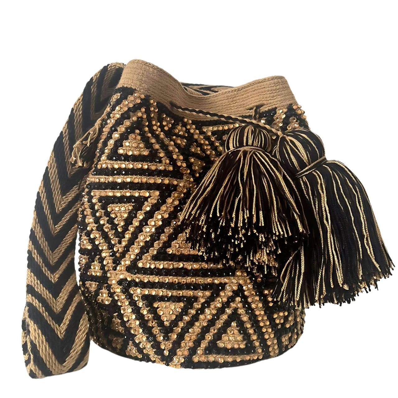 Wayuu Mochila bag brown and black decorated with rhinestones and crystals