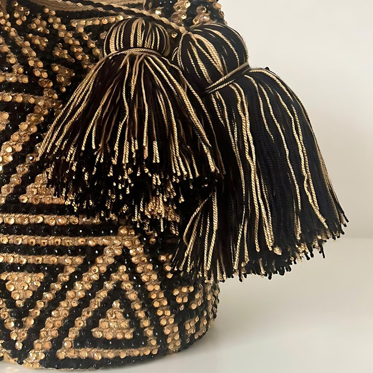 Wayuu Mochila bag brown and black decorated with rhinestones and crystals