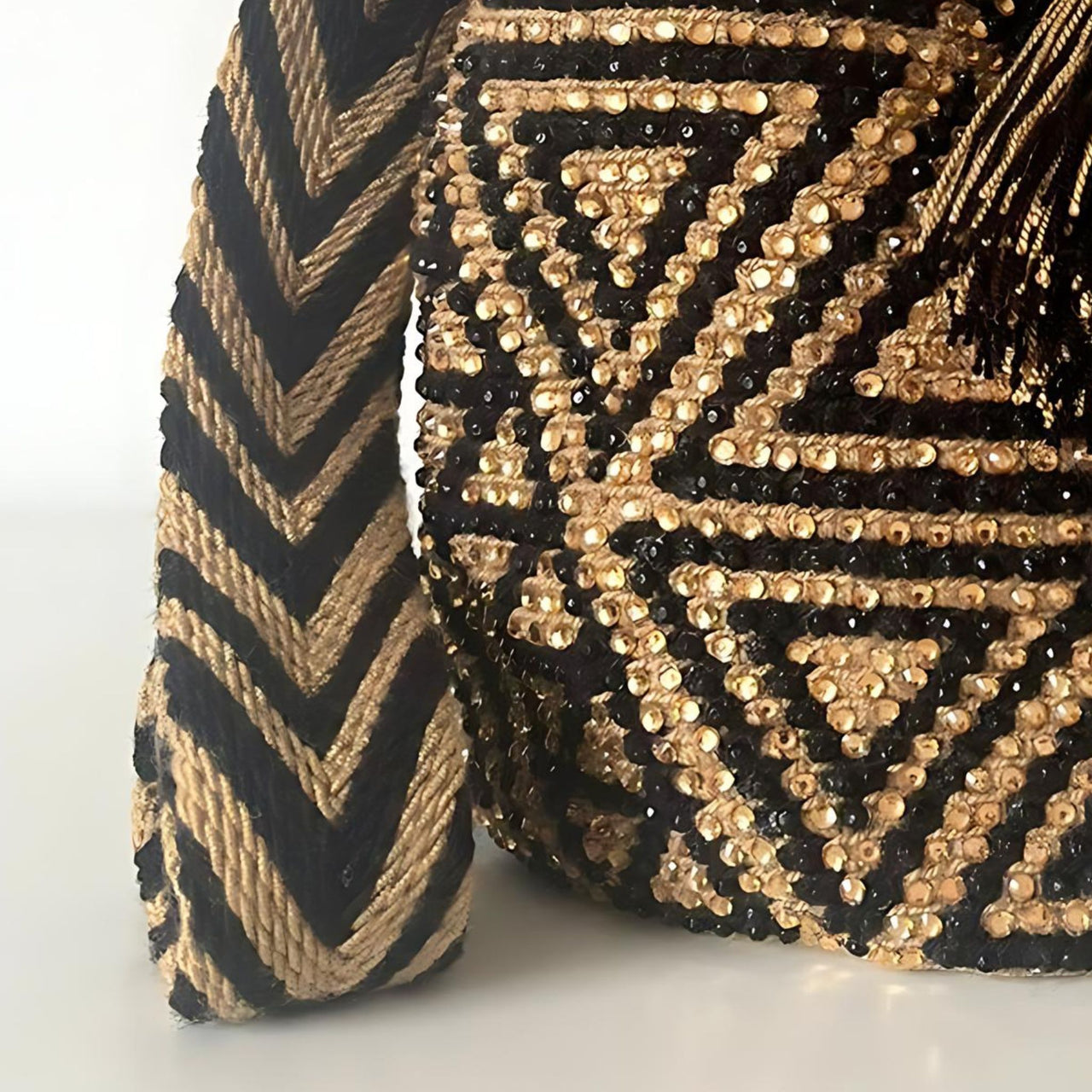 Wayuu Mochila bag brown and black decorated with rhinestones and crystals