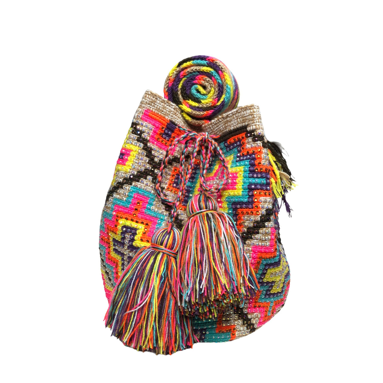 Wayuu Mochila bag cross brown and pink decorated with rhinestones and crystals