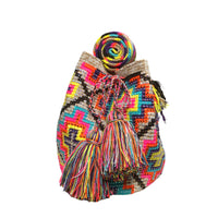 Thumbnail for Wayuu Mochila bag cross brown and pink decorated with rhinestones and crystals