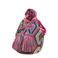 Thumbnail for Wayuu Mochila bag light blue pink brown decorated with rhinestones and crystals