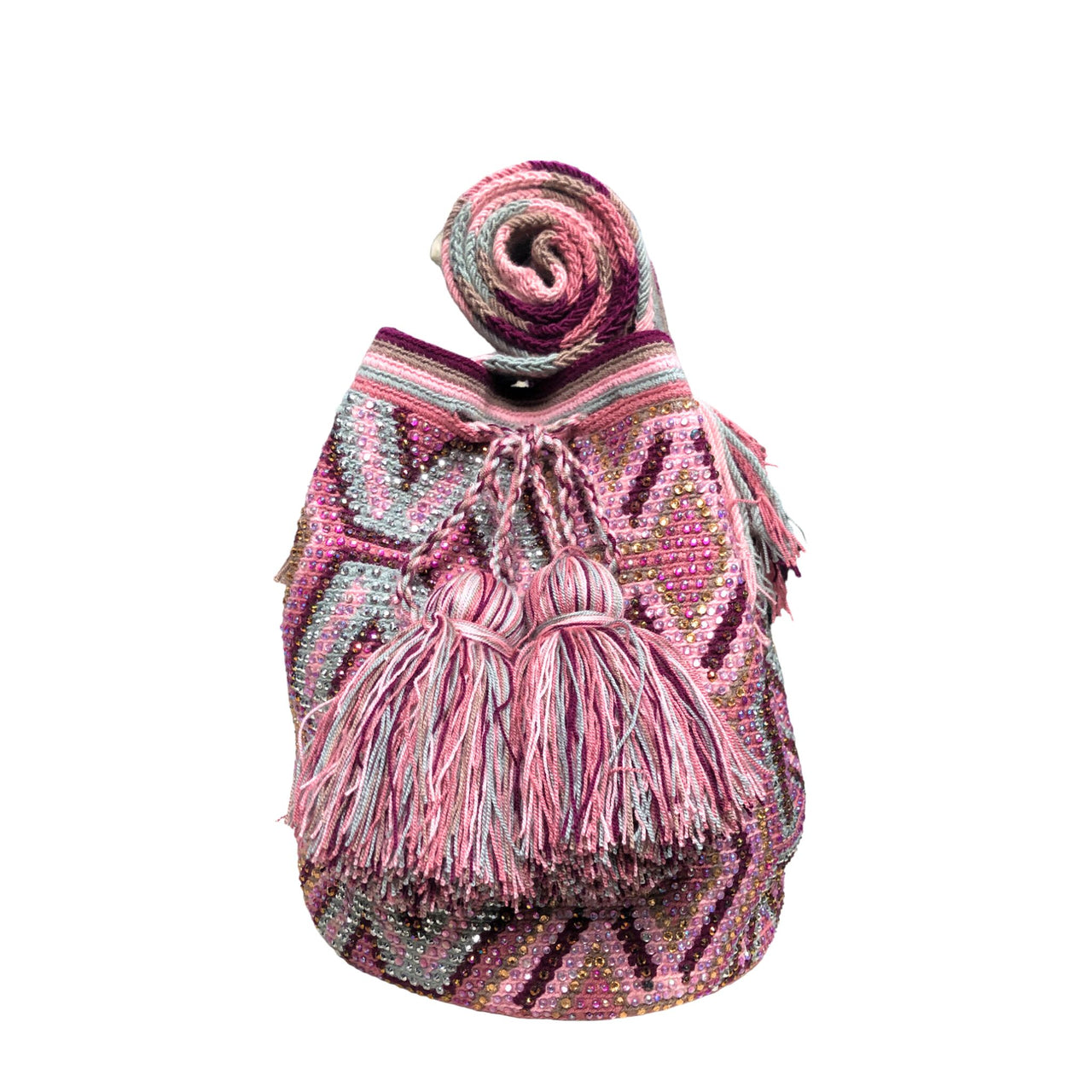 Wayuu Mochila bag light purple pink decorated with rhinestones and crystals