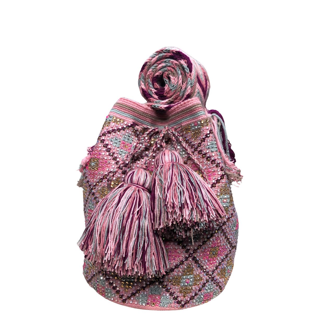 Wayuu Mochila bag pink decorated with rhinestones and crystals