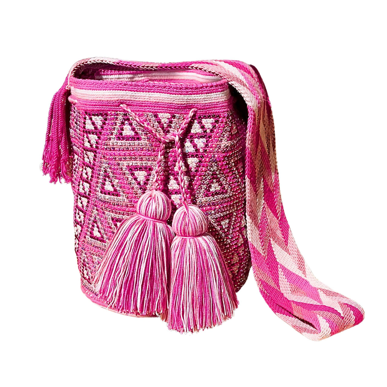 Wayuu Mochila bag pink decorated with rhinestones and crystals