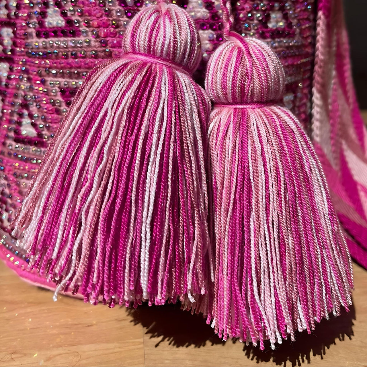 Wayuu Mochila bag pink decorated with rhinestones and crystals