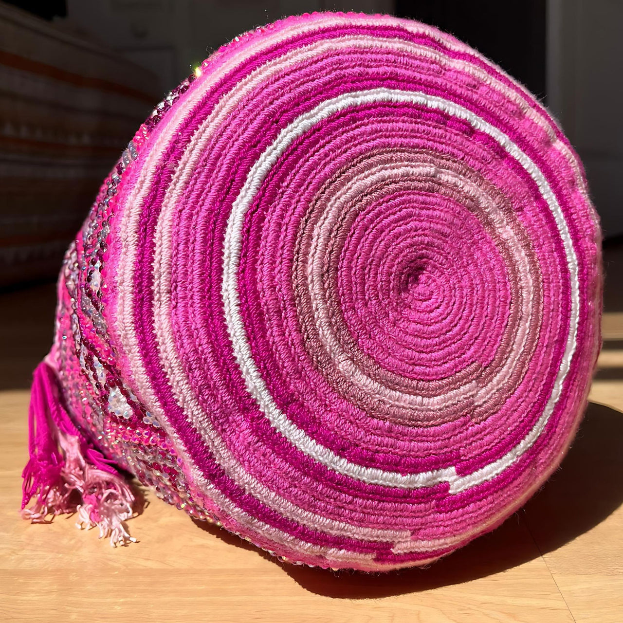 Wayuu Mochila bag pink decorated with rhinestones and crystals