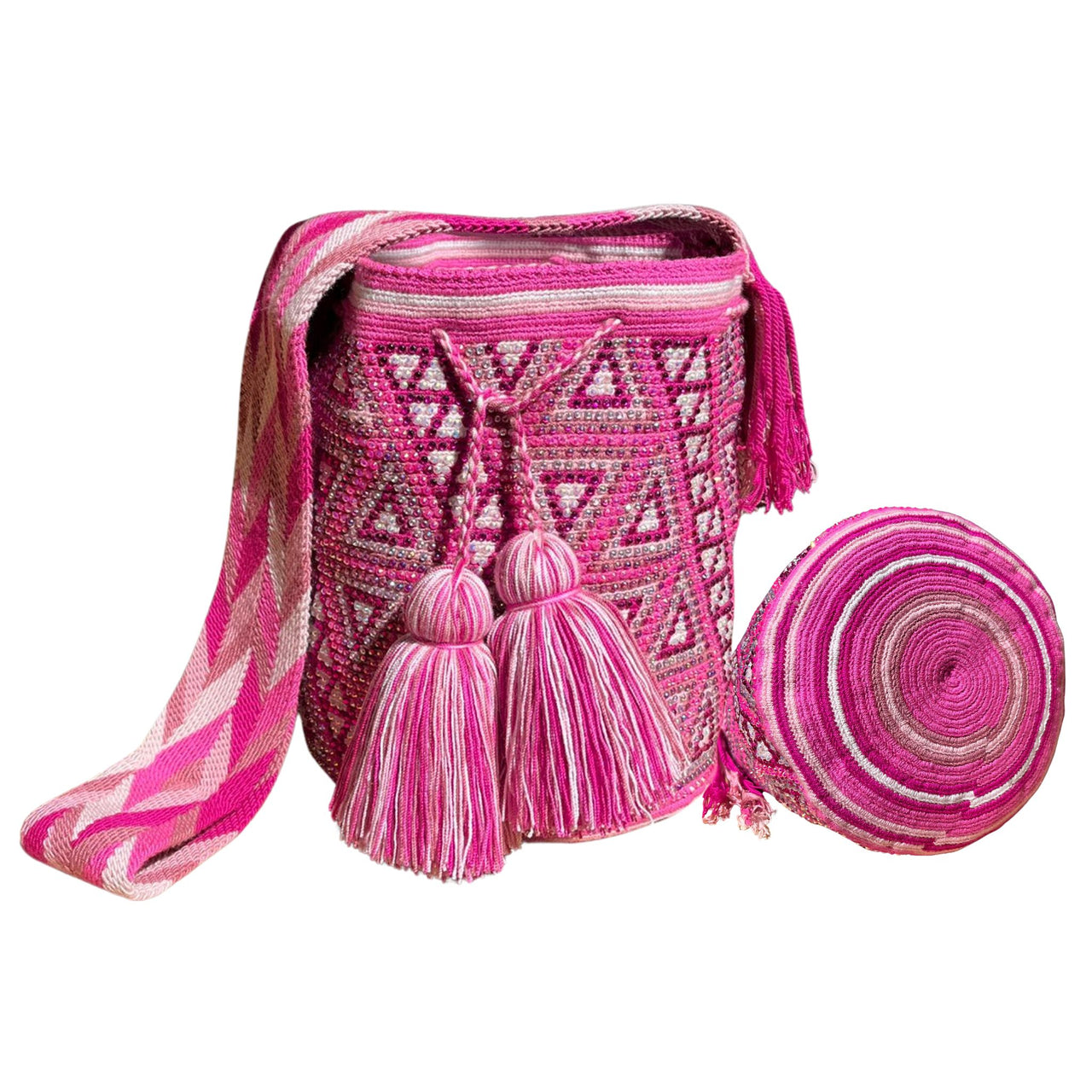 Wayuu Mochila bag pink decorated with rhinestones and crystals