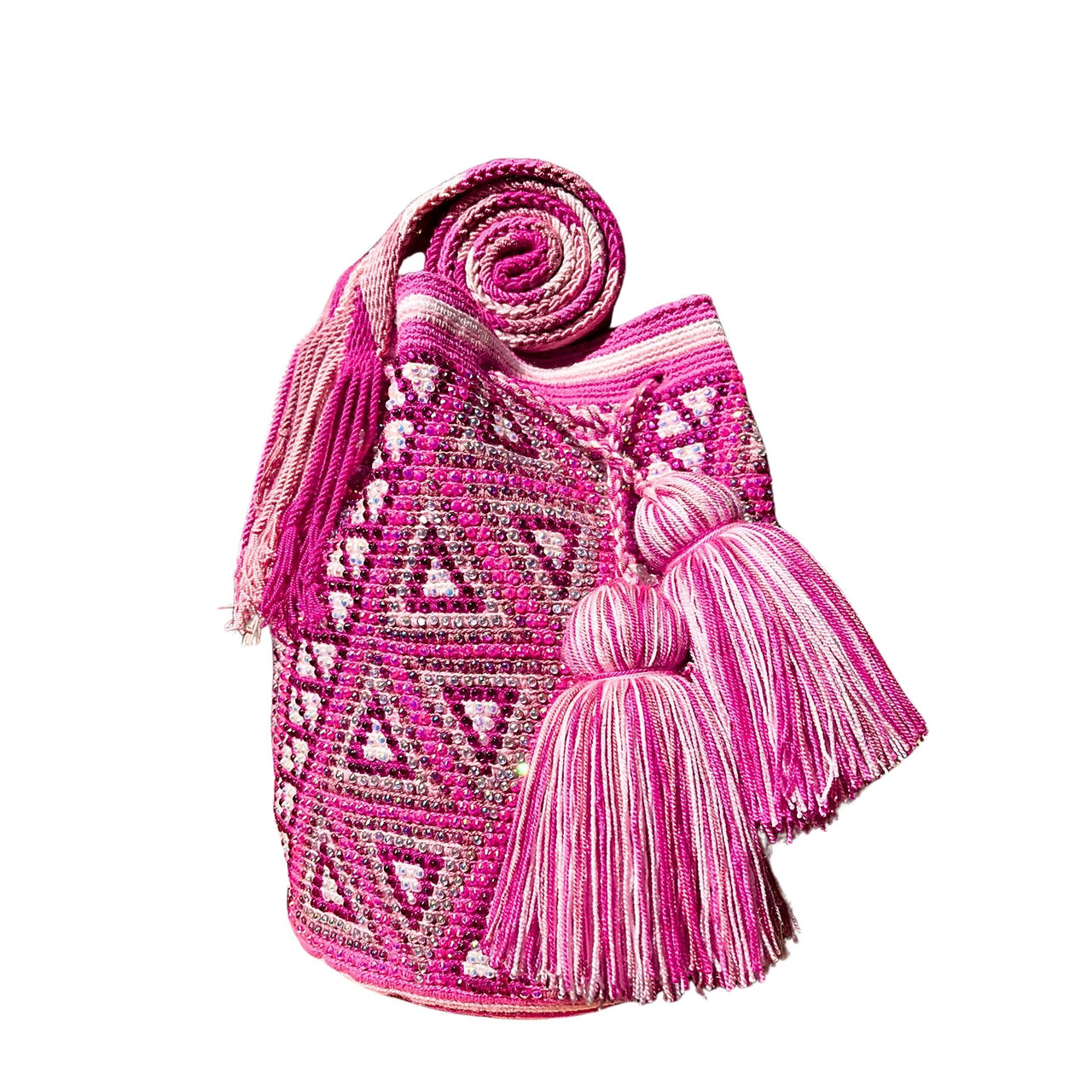 Wayuu Mochila bag pink decorated with rhinestones and crystals