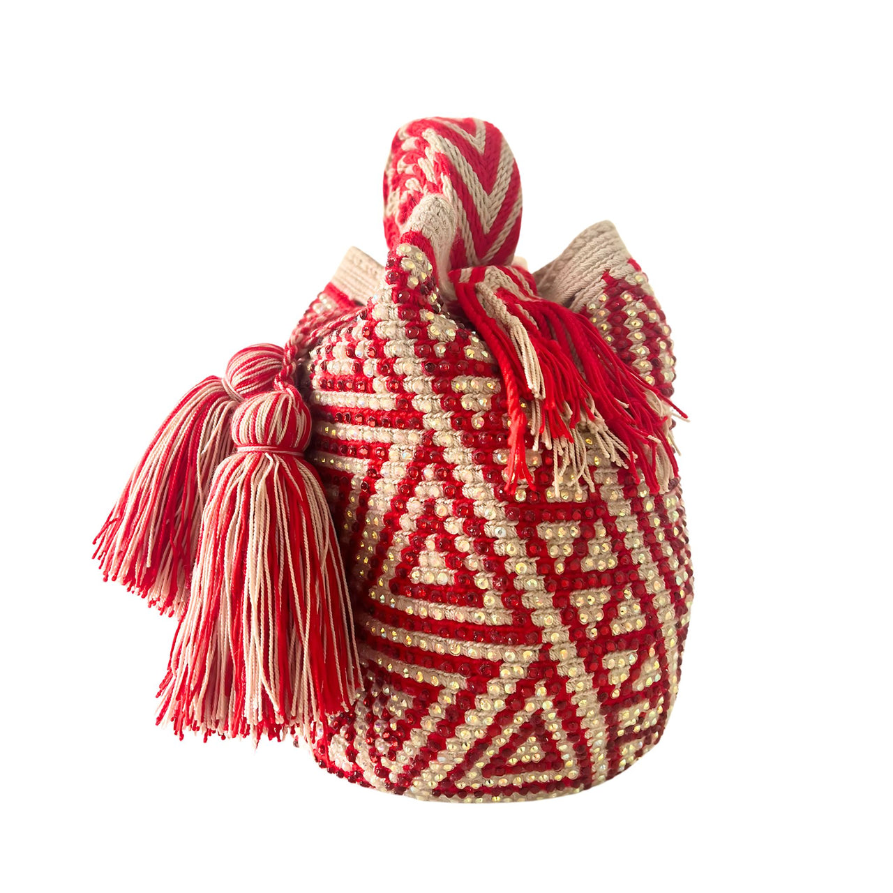 Wayuu Mochila bag red decorated with rhinestones and crystals