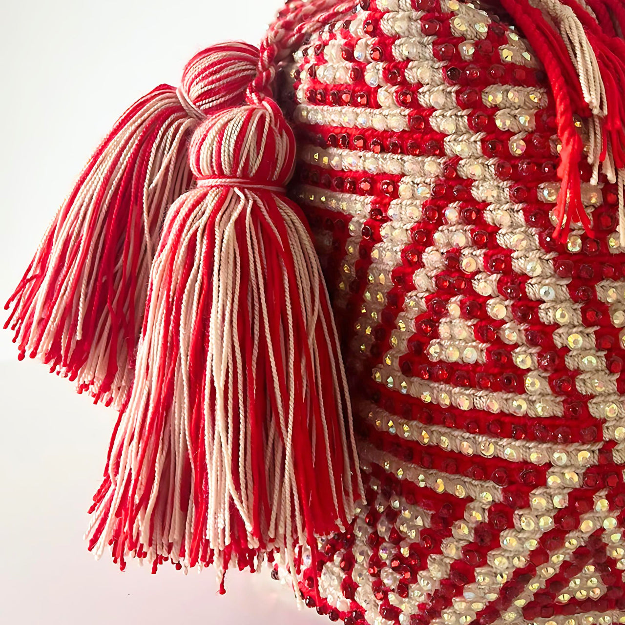 Wayuu Mochila bag red decorated with rhinestones and crystals