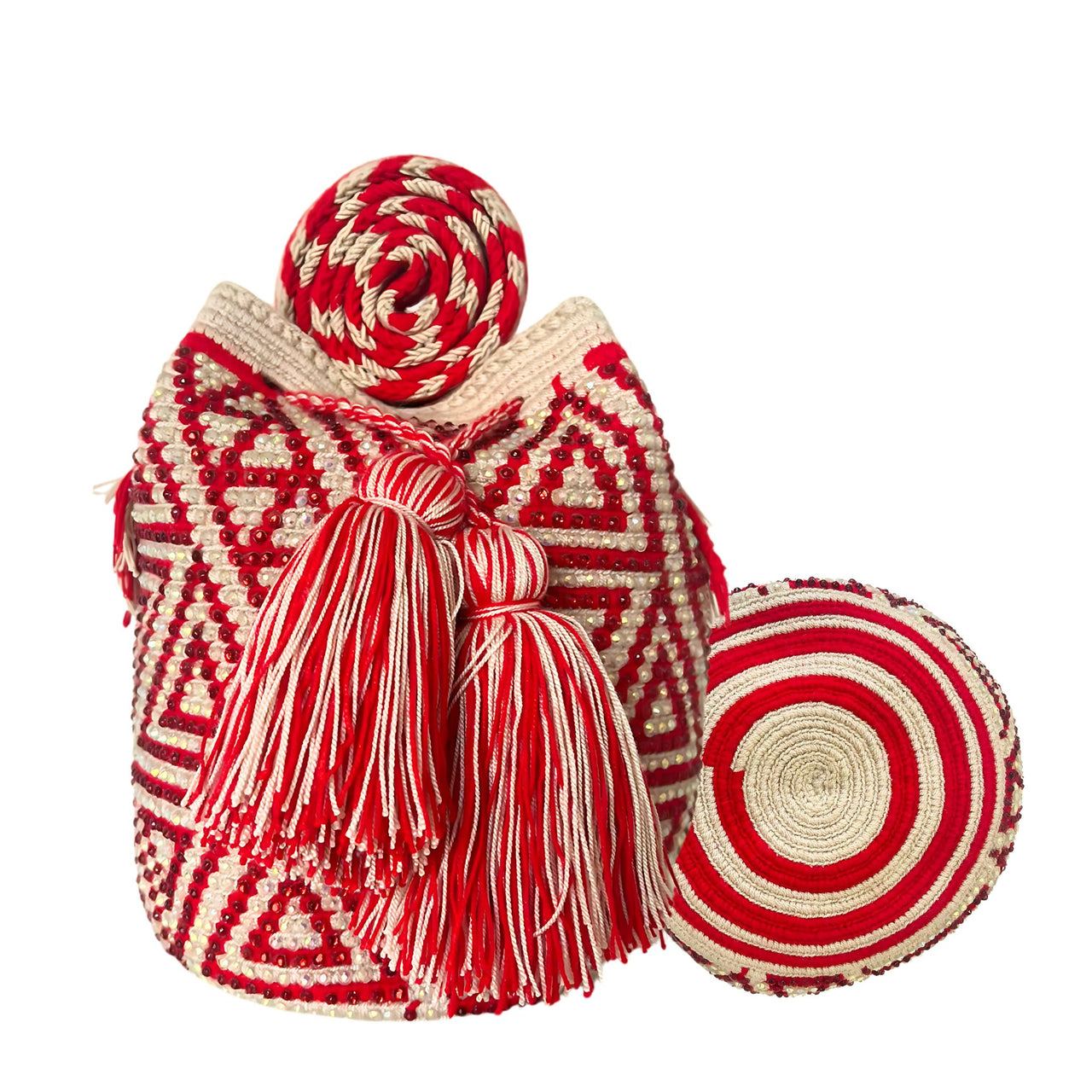 Wayuu Mochila bag red decorated with rhinestones and crystals