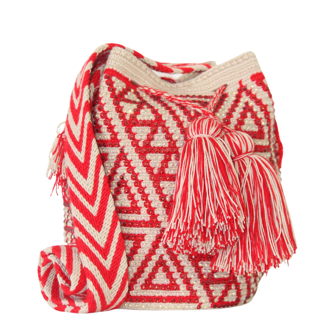 Wayuu Mochila bag red decorated with rhinestones and crystals