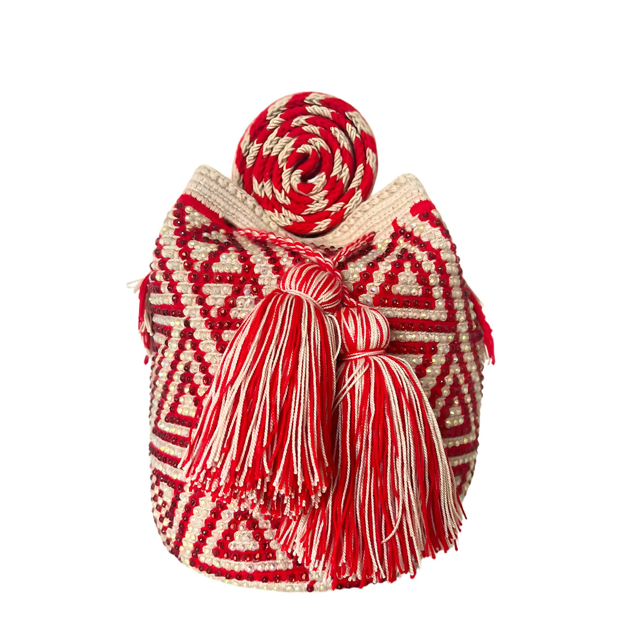 Wayuu Mochila bag red decorated with rhinestones and crystals