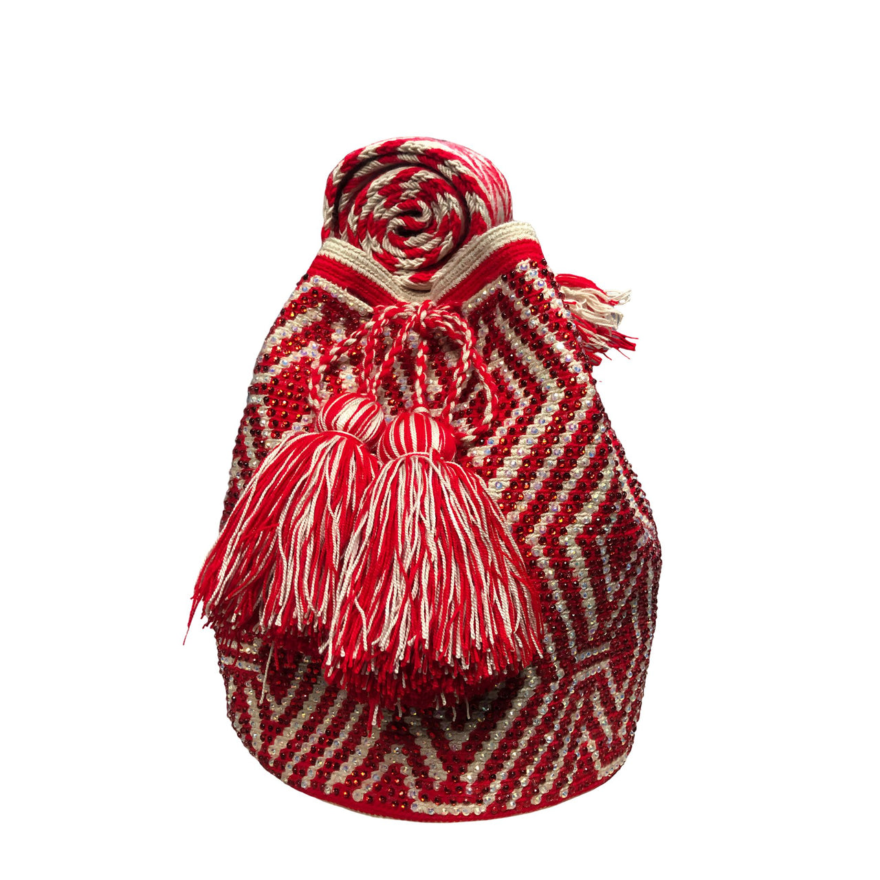 Wayuu Mochila bag red and white decorated with rhinestones and crystals