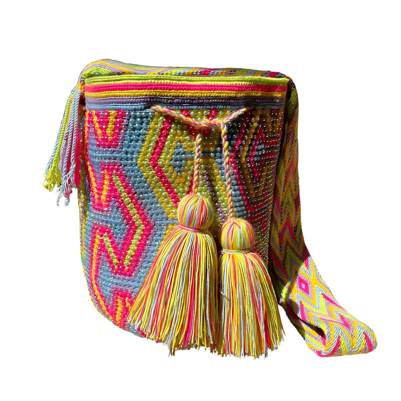 Wayuu Mochila bag yellow, blue and red decorated with rhinestones and crystals