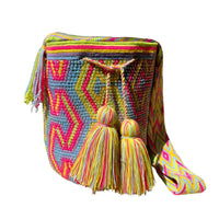 Thumbnail for Wayuu Mochila bag yellow, blue and red decorated with rhinestones and crystals